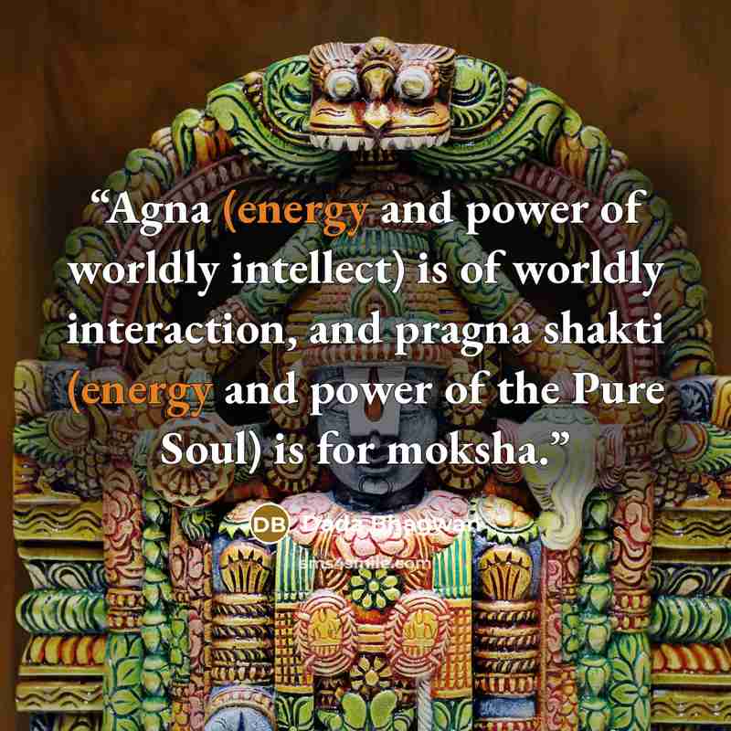 “Agna (energy and power of worldly intellect) is of worldly interaction, and pragna shakti (energy and power of the Pure Soul) is for moksha.” quote by Dada Bhagwan