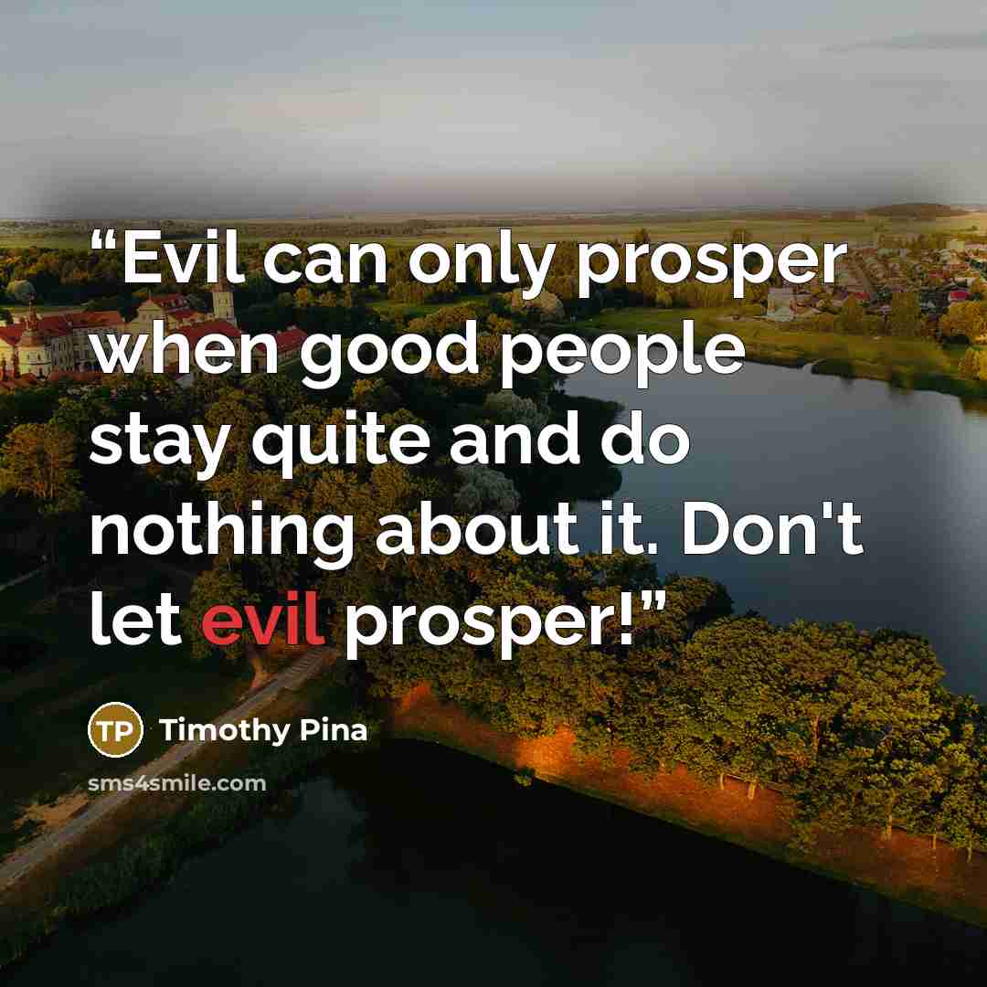 “Evil can only prosper when good people stay quite and do nothing about it. Don't let evil prosper!” quote by Timothy Pina
