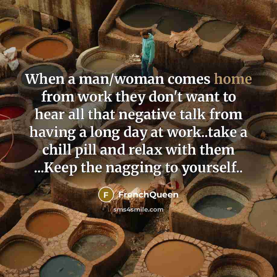 “When a man/woman comes home from work they don't want to hear all that negative talk from having a long day at work..take a chill pill and relax with them ...Keep the nagging to yourself..” quote by Frenchqueen