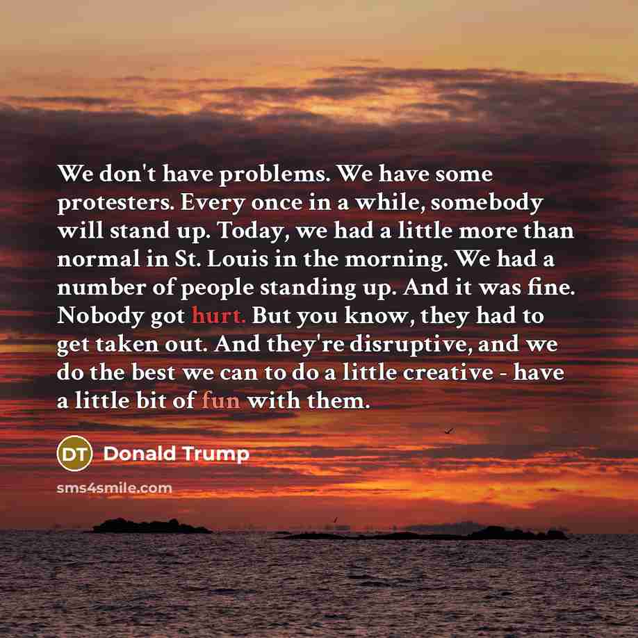 “We don't have problems. We have some protesters. Every once in a while, somebody will stand up. Today, we had a little more than normal in St. Louis in the morning. We had a number of people standing up. And it was fine. Nobody got hurt. But you know, they had to get taken out. And they're…” quote by Donald Trump