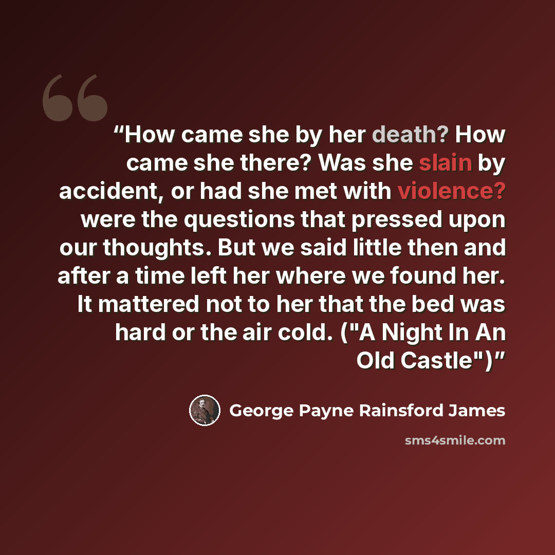 “How came she by her death? How came she there? Was she slain by accident, or had she met with violence? were the questions that pressed upon our thoughts. But we said little then and after a time left her where we found her. It mattered not to her that the bed was hard or the air cold. ("A Night…” quote by George Payne Rainsford James