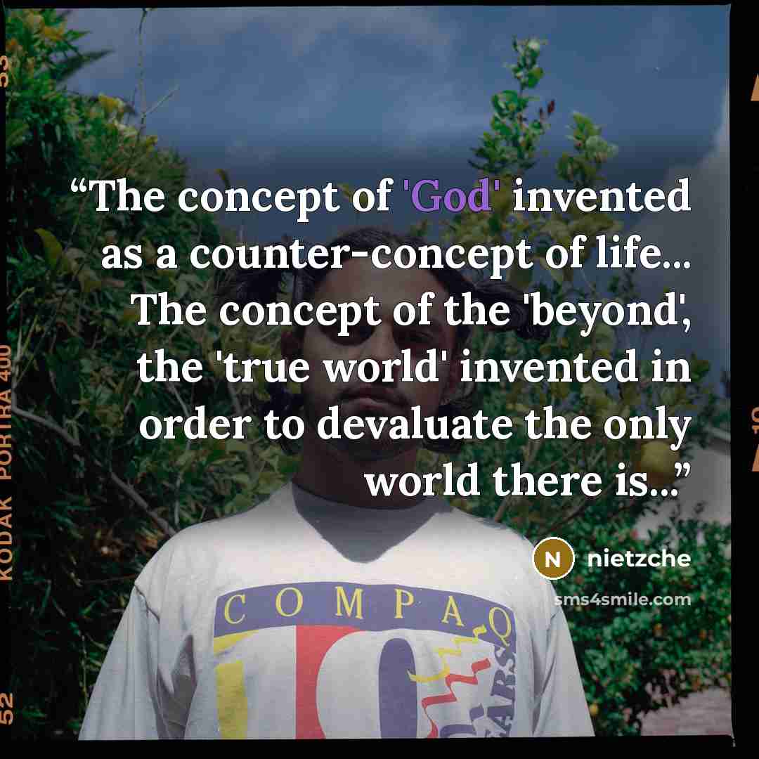 “The concept of 'God' invented as a counter-concept of life... The concept of the 'beyond', the 'true world' invented in order to devaluate the only world there is...” quote by Nietzche