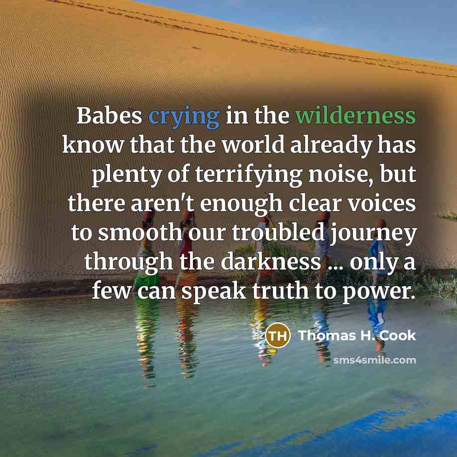 “Babes crying in the wilderness know that the world already has plenty of terrifying noise, but there aren't enough clear voices to smooth our troubled journey through the darkness ... only a few can speak truth to power.” quote by Thomas H. Cook