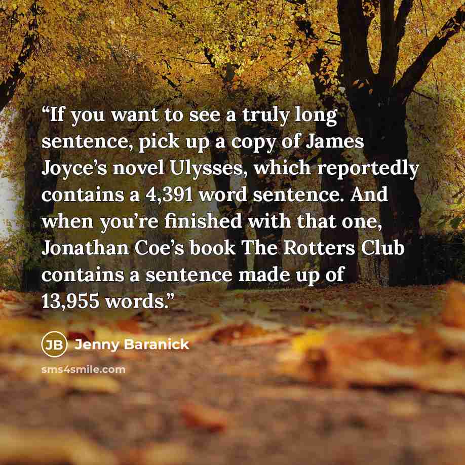 “If you want to see a truly long sentence, pick up a copy of James Joyce’s novel Ulysses, which reportedly contains a 4,391 word sentence. And when you’re finished with that one, Jonathan Coe’s book The Rotters Club contains a sentence made up of 13,955 words.” quote by Jenny Baranick