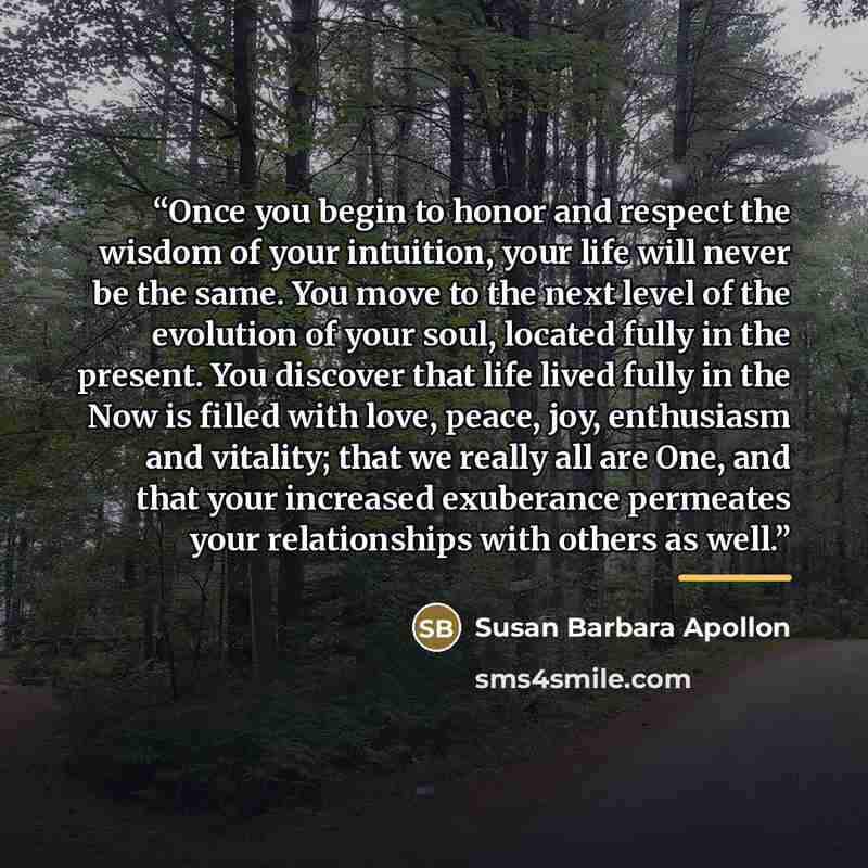 “Once you begin to honor and respect the wisdom of your intuition, your life will never be the same. You move to the next level of the evolution of your soul, located fully in the present. You discover that life lived fully in the Now is filled with love, peace, joy, enthusiasm and vitality; that…” quote by Susan Barbara Apollon
