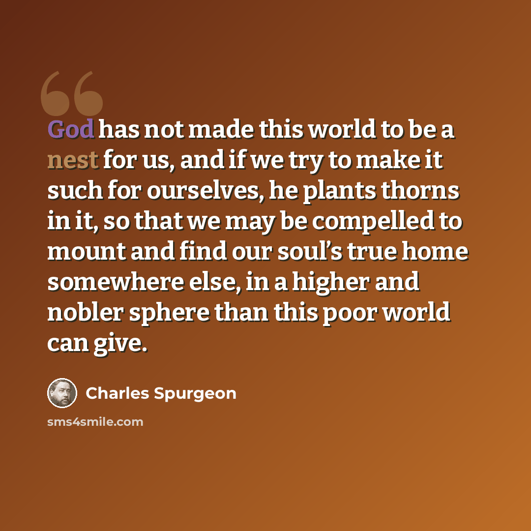 “God has not made this world to be a nest for us, and if we try to make it such for ourselves, he plants thorns in it, so that we may be compelled to mount and find our soul’s true home somewhere else, in a higher and nobler sphere than this poor world can give.” quote by Charles Spurgeon