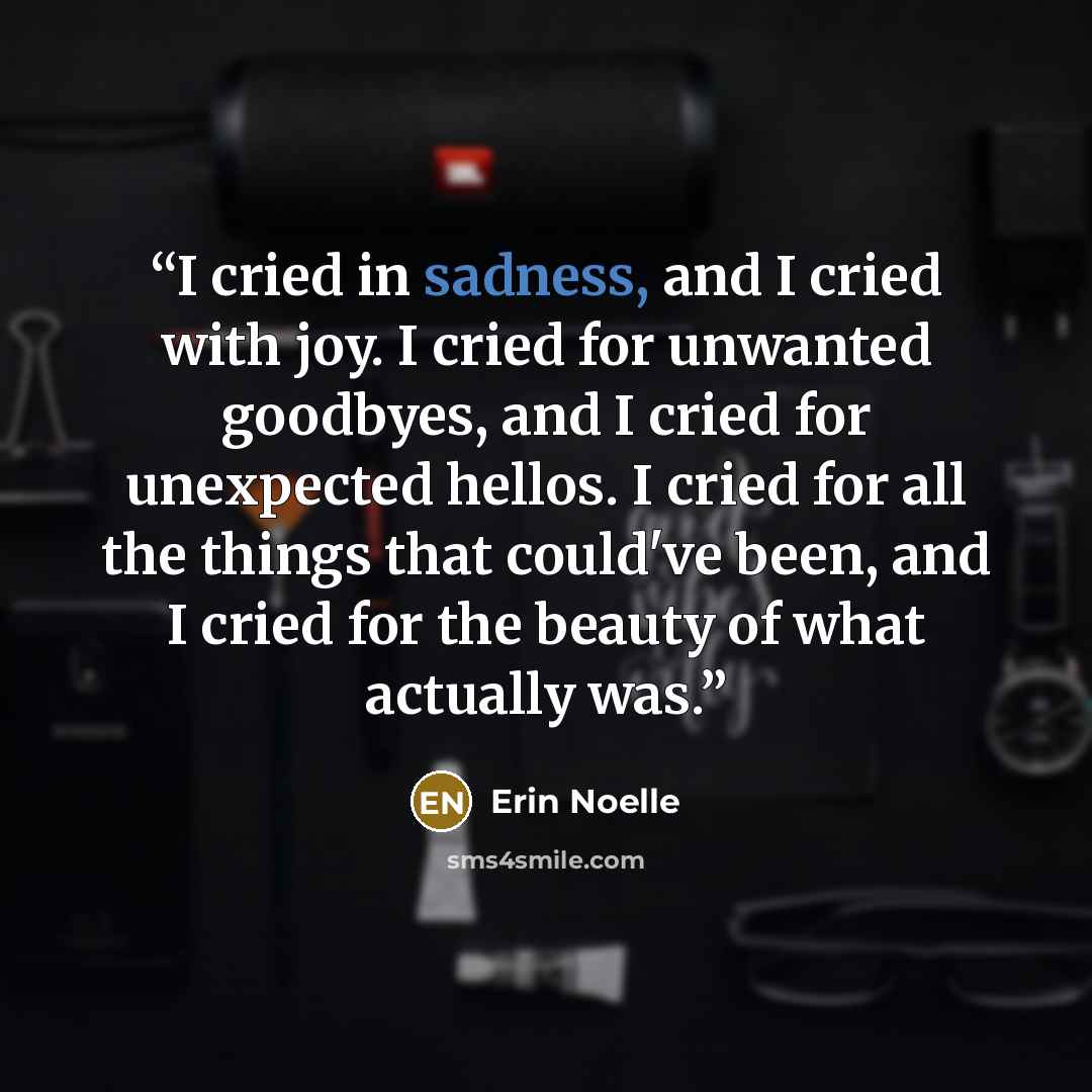 “I cried in sadness, and I cried with joy. I cried for unwanted goodbyes, and I cried for unexpected hellos. I cried for all the things that could've been, and I cried for the beauty of what actually was.” quote by Erin Noelle