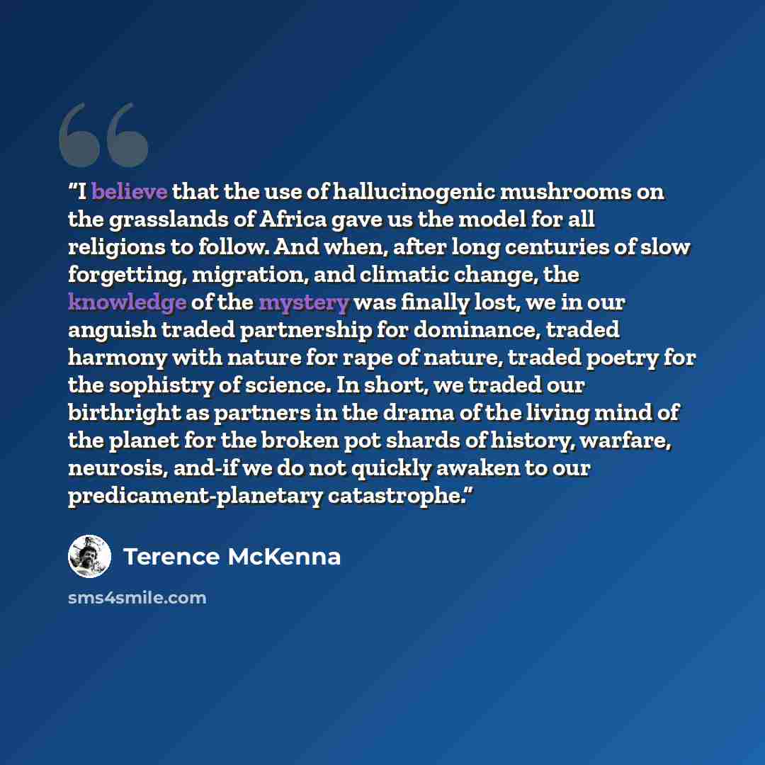 “I believe that the use of hallucinogenic mushrooms on the grasslands of Africa gave us the model for all religions to follow. And when, after long centuries of slow forgetting, migration, and climatic change, the knowledge of the mystery was finally lost, we in our anguish traded partnership for…” quote by Terence McKenna