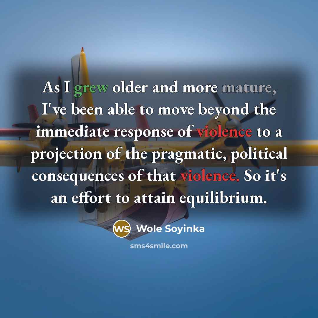 “As I grew older and more mature, I've been able to move beyond the immediate response of violence to a projection of the pragmatic, political consequences of that violence. So it's an effort to attain equilibrium.” quote by Wole Soyinka
