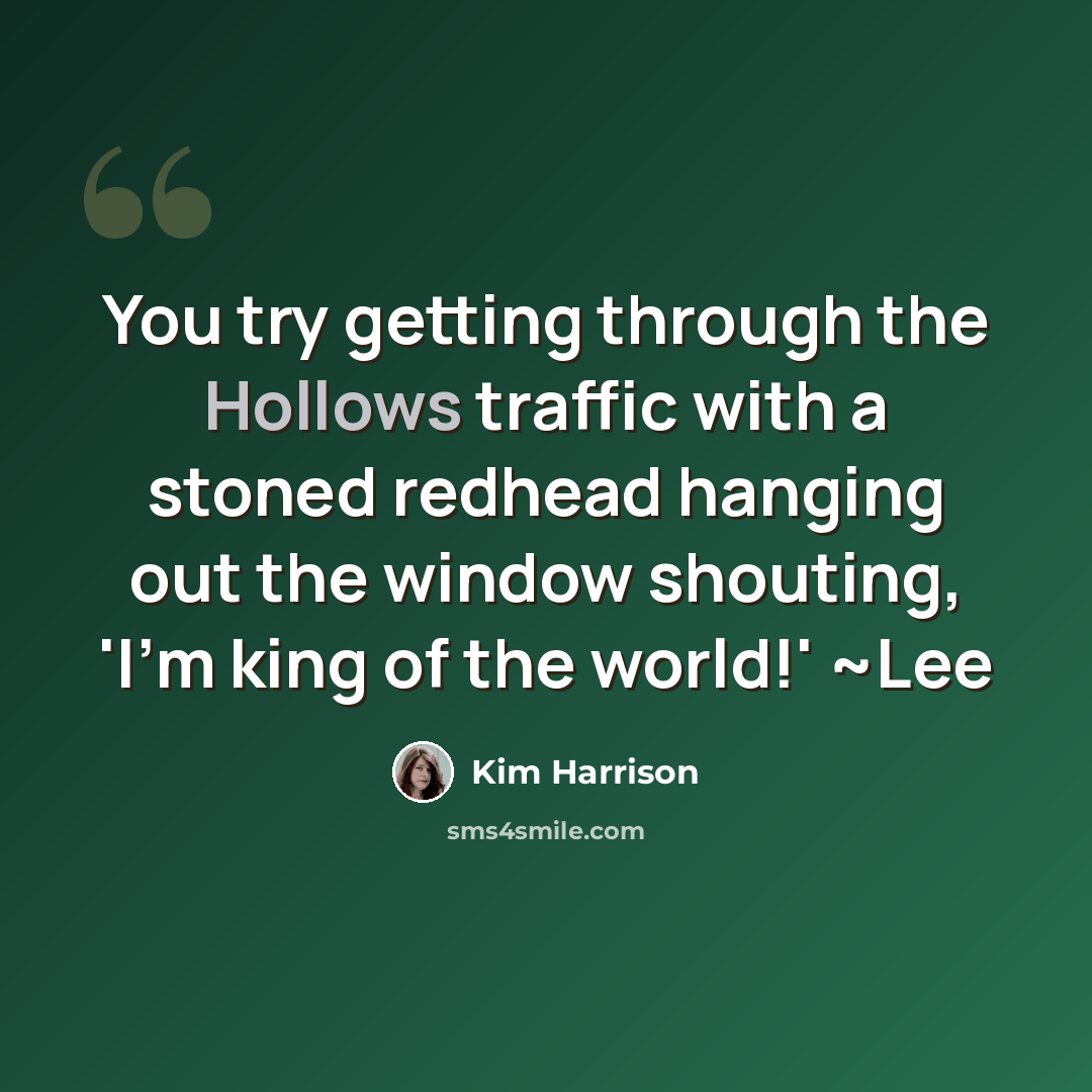 “You try getting through the Hollows traffic with a stoned redhead hanging out the window shouting, 'I'm king of the world!' ~Lee” quote by Kim Harrison