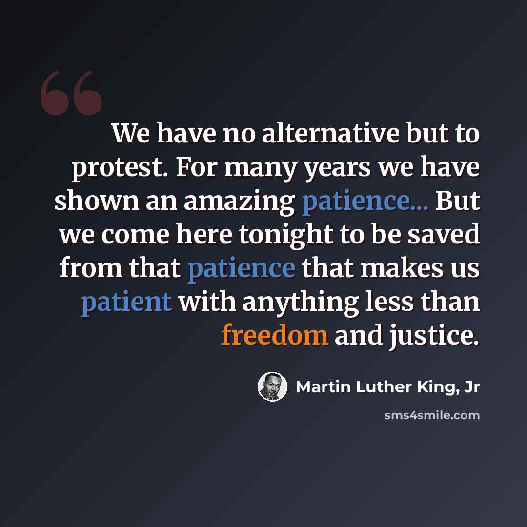 “We have no alternative but to protest. For many years we have shown an amazing patience... But we come here tonight to be saved from that patience that makes us patient with anything less than freedom and justice.” quote by Martin Luther King, Jr