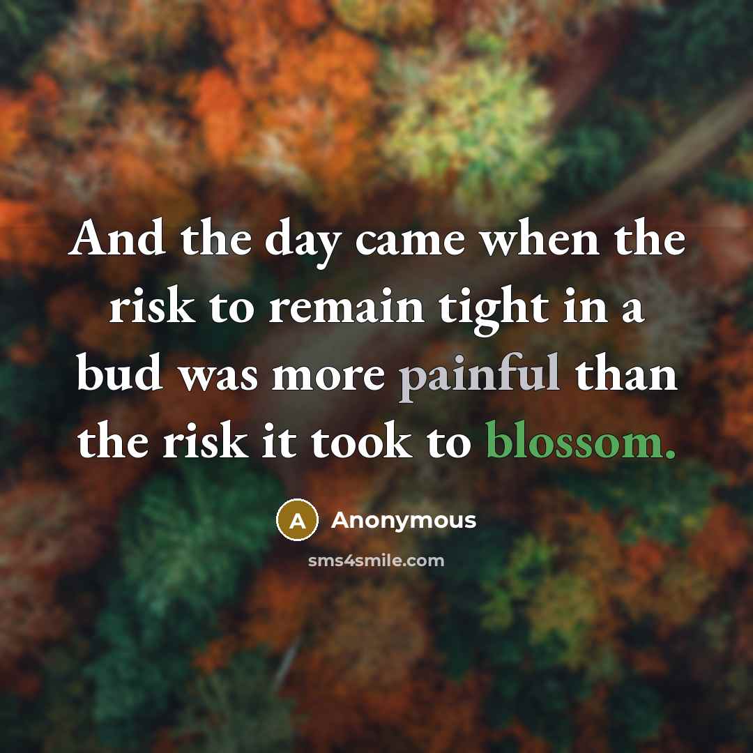 “And the day came when the risk to remain tight in a bud was more painful than the risk it took to blossom.” quote by Anonymous