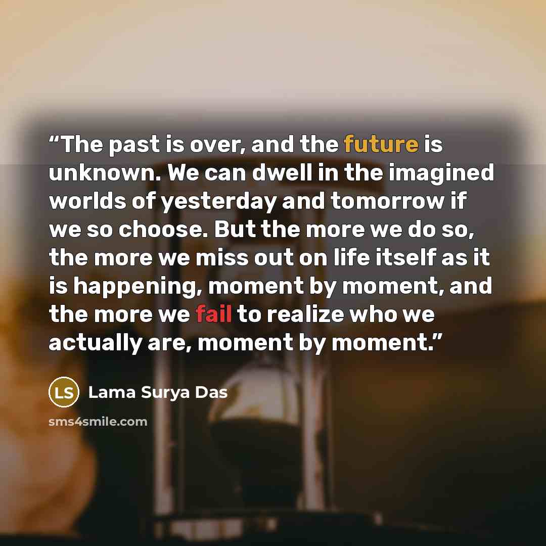 “The past is over, and the future is unknown. We can dwell in the imagined worlds of yesterday and tomorrow if we so choose. But the more we do so, the more we miss out on life itself as it is happening, moment by moment, and the more we fail to realize who we actually are, moment by moment.” quote by Lama Surya Das