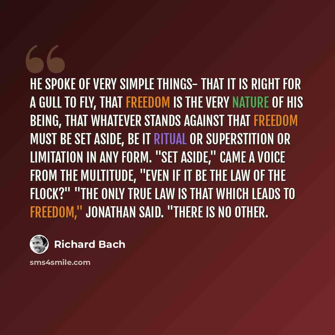 “He spoke of very simple things- that it is right for a gull to fly, that freedom is the very nature of his being, that whatever stands against that freedom must be set aside, be it ritual or superstition or limitation in any form. "Set aside," came a voice from the multitude, "even if it be the…” quote by Richard Bach