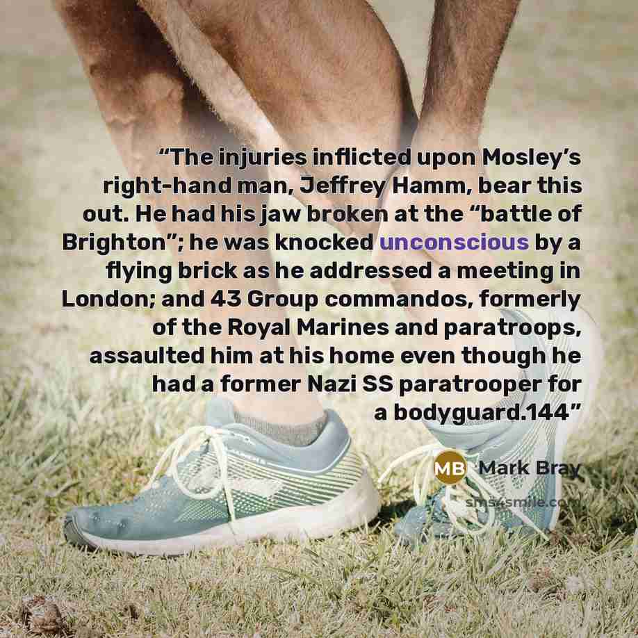 “The injuries inflicted upon Mosley’s right-hand man, Jeffrey Hamm, bear this out. He had his jaw broken at the “battle of Brighton”; he was knocked unconscious by a flying brick as he addressed a meeting in London; and 43 Group commandos, formerly of the Royal Marines and paratroops, assaulted him…” quote by Mark Bray