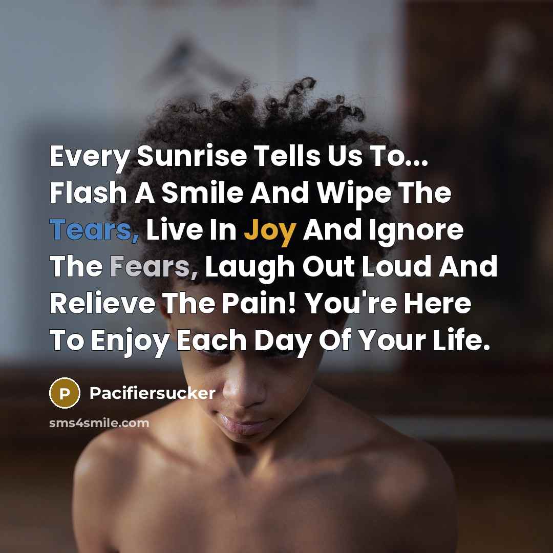 “Every Sunrise Tells Us To... Flash A Smile And Wipe The Tears, Live In Joy And Ignore The Fears, Laugh Out Loud And Relieve The Pain! You're Here To Enjoy Each Day Of Your Life.” quote by Pacifiersucker