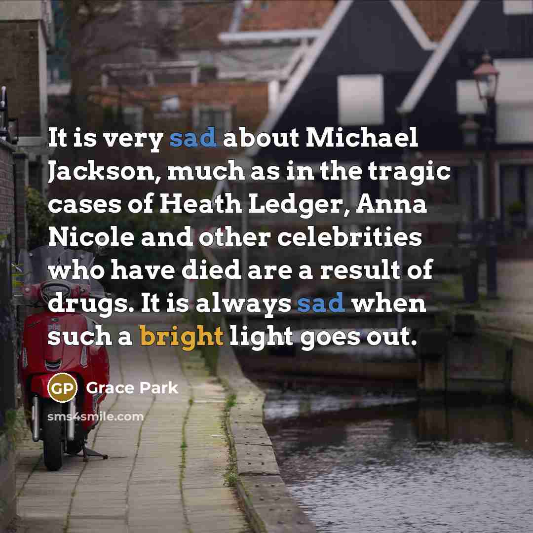 “It is very sad about Michael Jackson, much as in the tragic cases of Heath Ledger, Anna Nicole and other celebrities who have died are a result of drugs. It is always sad when such a bright light goes out.” quote by Grace Park