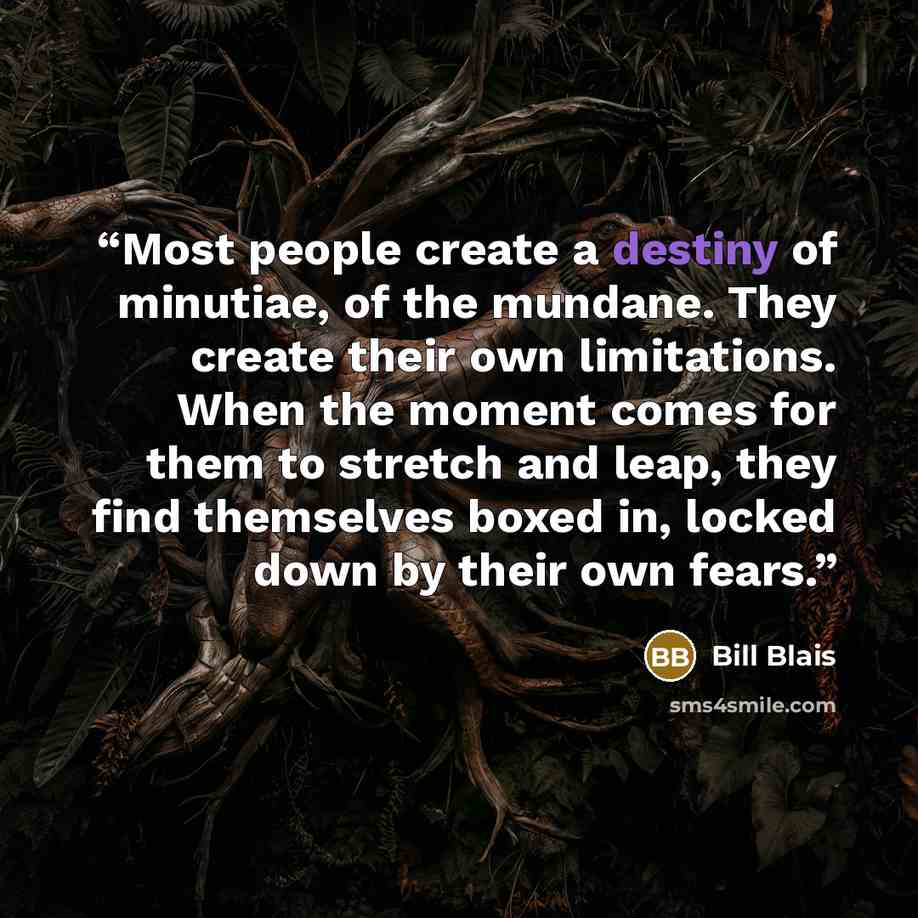 “Most people create a destiny of minutiae, of the mundane. They create their own limitations. When the moment comes for them to stretch and leap, they find themselves boxed in, locked down by their own fears.” quote by Bill Blais