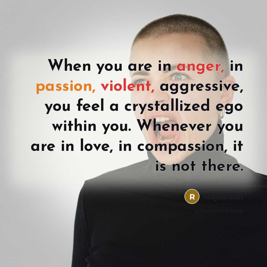 “When you are in anger, in passion, violent, aggressive, you feel a crystallized ego within you. Whenever you are in love, in compassion, it is not there.” quote by Rajneesh