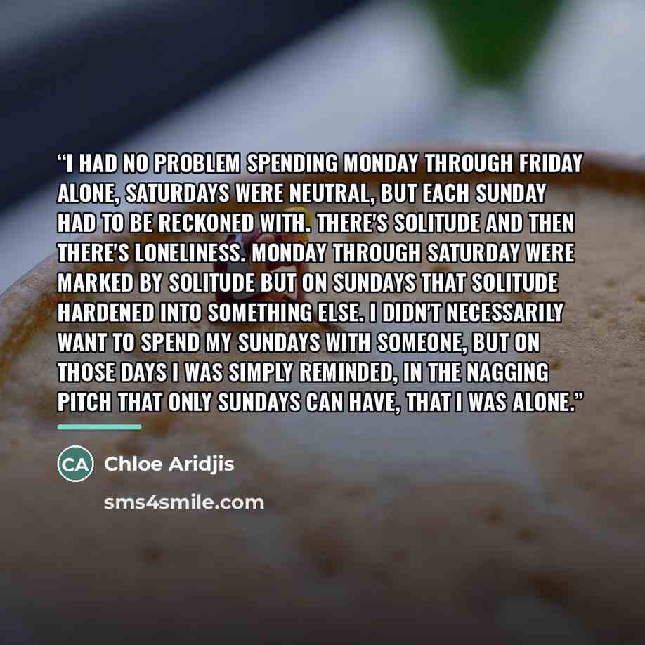 “I had no problem spending Monday through Friday alone, Saturdays were neutral, but each Sunday had to be reckoned with. There's solitude and then there's loneliness. Monday through Saturday were marked by solitude but on Sundays that solitude hardened into something else. I didn't necessarily want…” quote by Chloe Aridjis