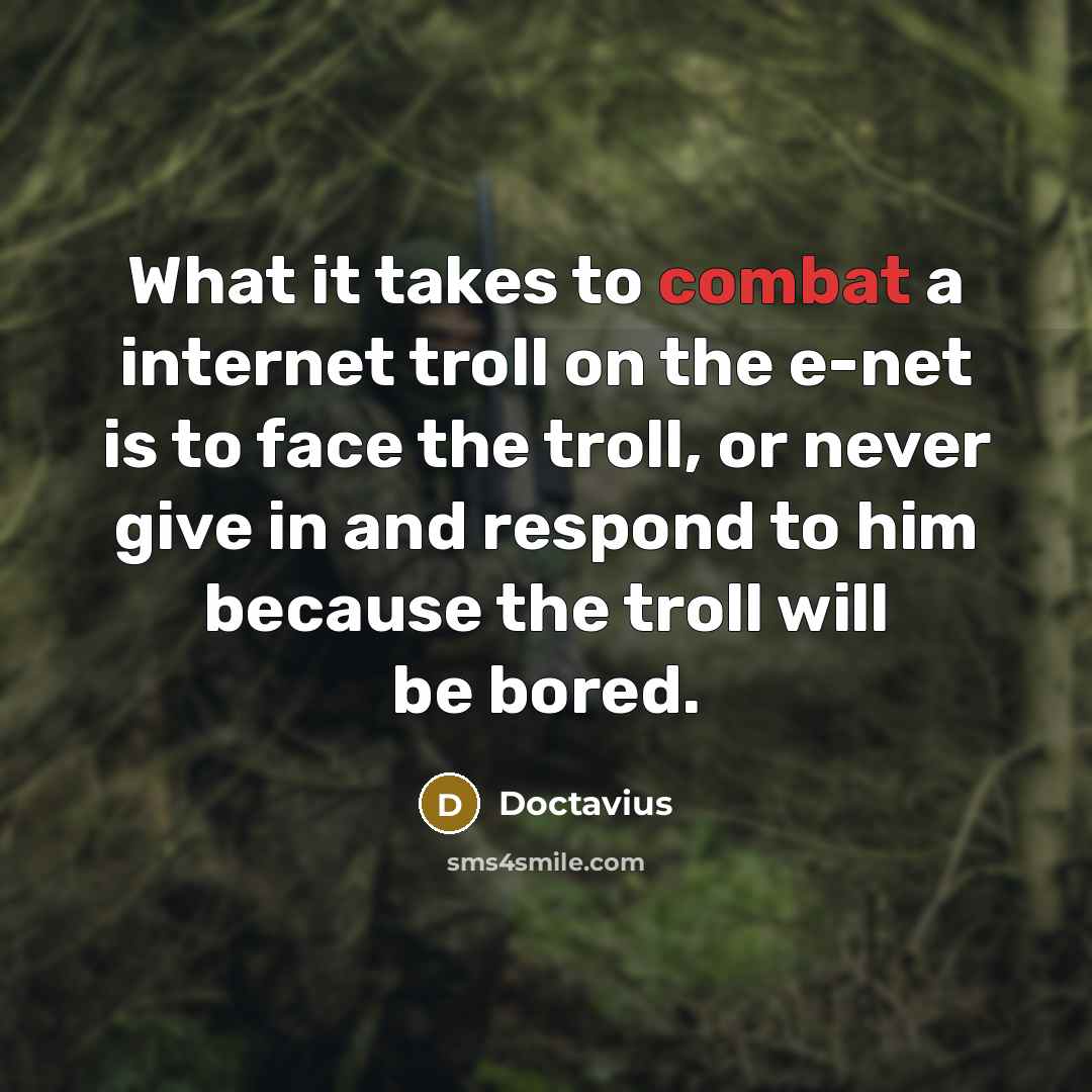 “What it takes to combat a internet troll on the e-net is to face the troll, or never give in and respond to him because the troll will be bored.” quote by Doctavius