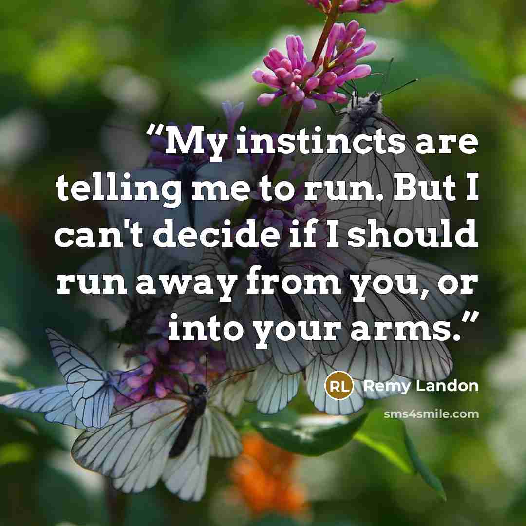 “My instincts are telling me to run. But I can't decide if I should run away from you, or into your arms.” quote by Remy Landon