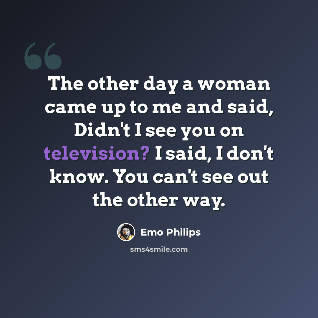 “The other day a woman came up to me and said, Didn't I see you on television? I said, I don't know. You can't see out the other way.” quote by Emo Philips