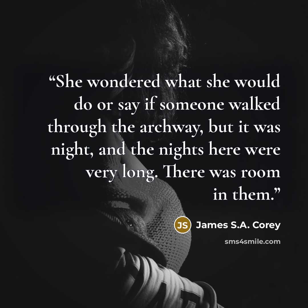 “She wondered what she would do or say if someone walked through the archway, but it was night, and the nights here were very long. There was room in them.” quote by James S.A. Corey