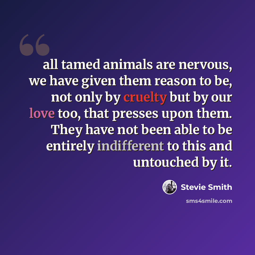 “all tamed animals are nervous, we have given them reason to be, not only by cruelty but by our love too, that presses upon them. They have not been able to be entirely indifferent to this and untouched by it.” quote by Stevie Smith