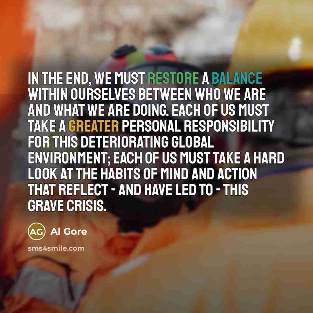 “In the end, we must restore a balance within ourselves between who we are and what we are doing. Each of us must take a greater personal responsibility for this deteriorating global environment; each of us must take a hard look at the habits of mind and action that reflect - and have led to - this…” quote by Al Gore