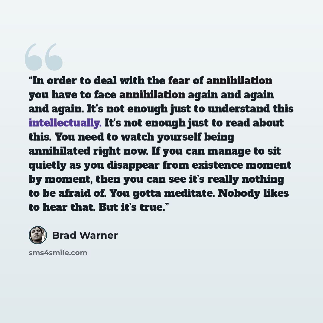 “In order to deal with the fear of annihilation you have to face annihilation again and again and again. It’s not enough just to understand this intellectually. It’s not enough just to read about this. You need to watch yourself being annihilated right now. If you can manage to sit quietly as you…” quote by Brad Warner