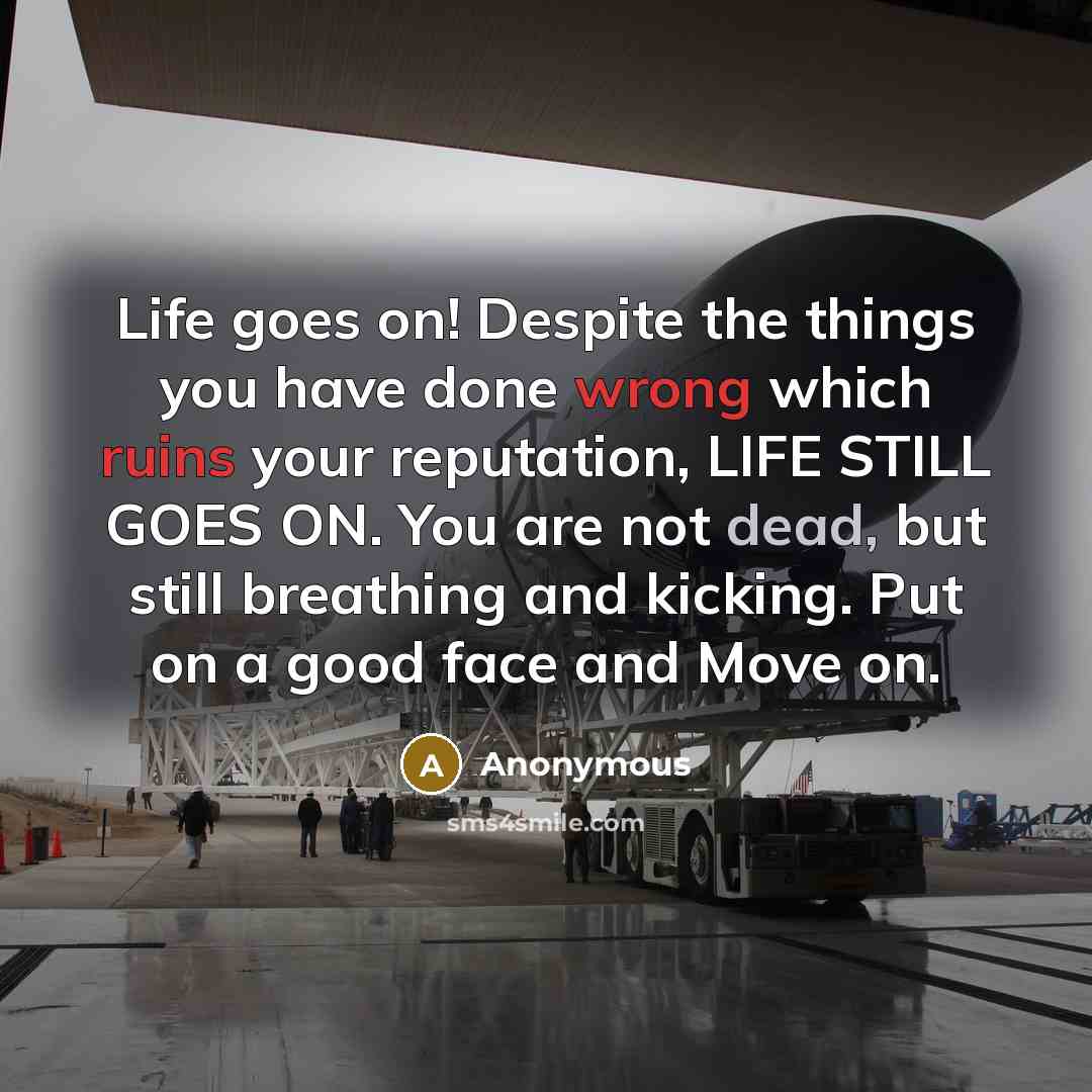 “Life goes on! Despite the things you have done wrong which ruins your reputation, LIFE STILL GOES ON. You are not dead, but still breathing and kicking. Put on a good face and Move on.” quote by Anonymous
