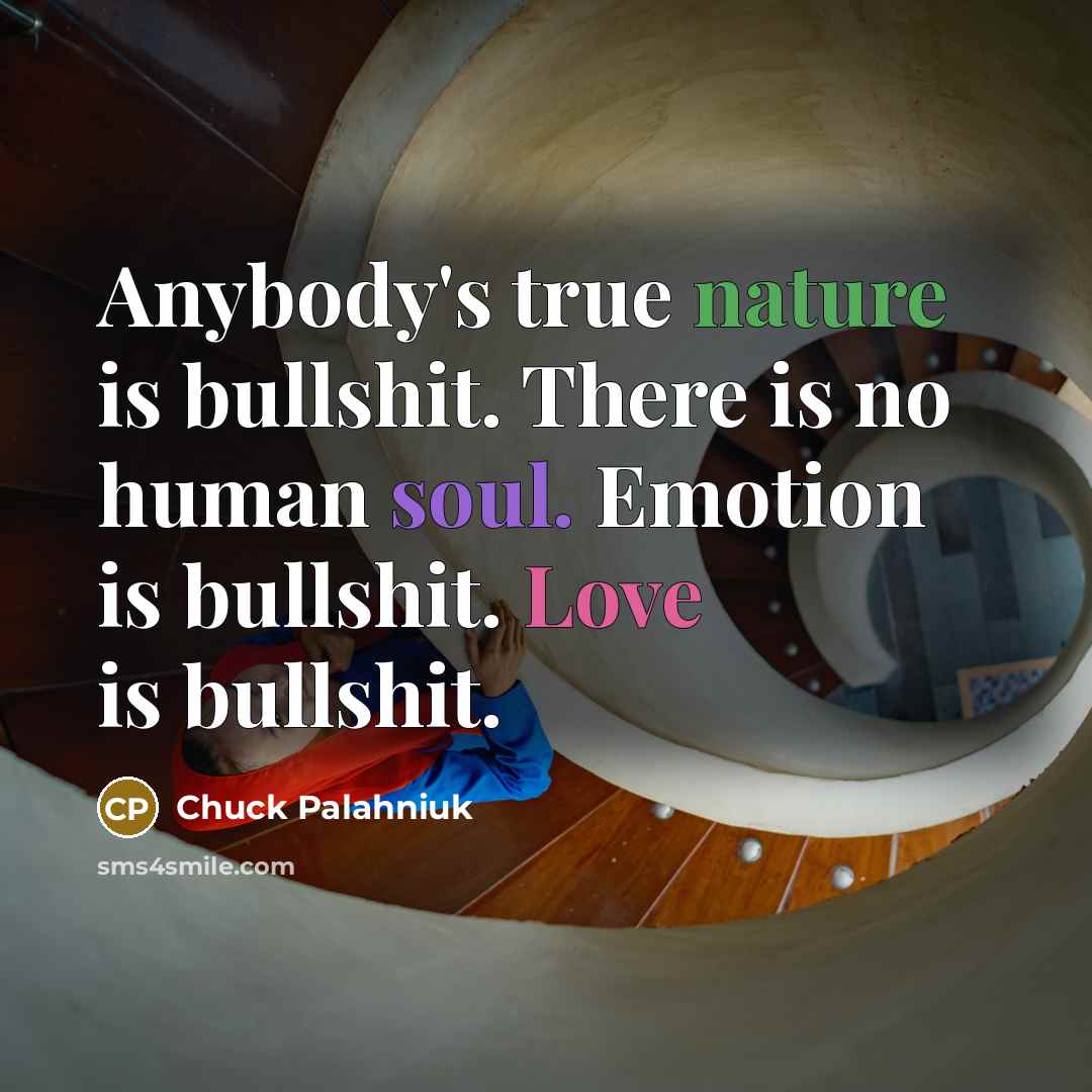 “Anybody's true nature is bullshit. There is no human soul. Emotion is bullshit. Love is bullshit.” quote by Chuck Palahniuk