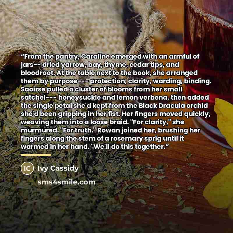 “From the pantry, Caraline emerged with an armful of jars-- dried yarrow, bay, thyme, cedar tips, and bloodroot. At the table next to the book, she arranged them by purpose--- protection, clarity, warding, binding. Saoirse pulled a cluster of blooms from her small satchel--- honeysuckle and lemon…” quote by Ivy Cassidy
