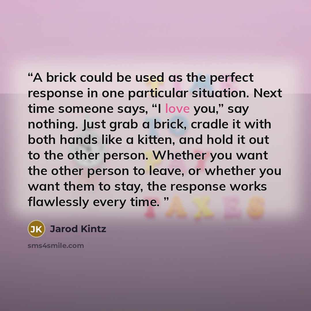 “A brick could be used as the perfect response in one particular situation. Next time someone says, “I love you,” say nothing. Just grab a brick, cradle it with both hands like a kitten, and hold it out to the other person. Whether you want the other person to leave, or whether you want them to…” quote by Jarod Kintz