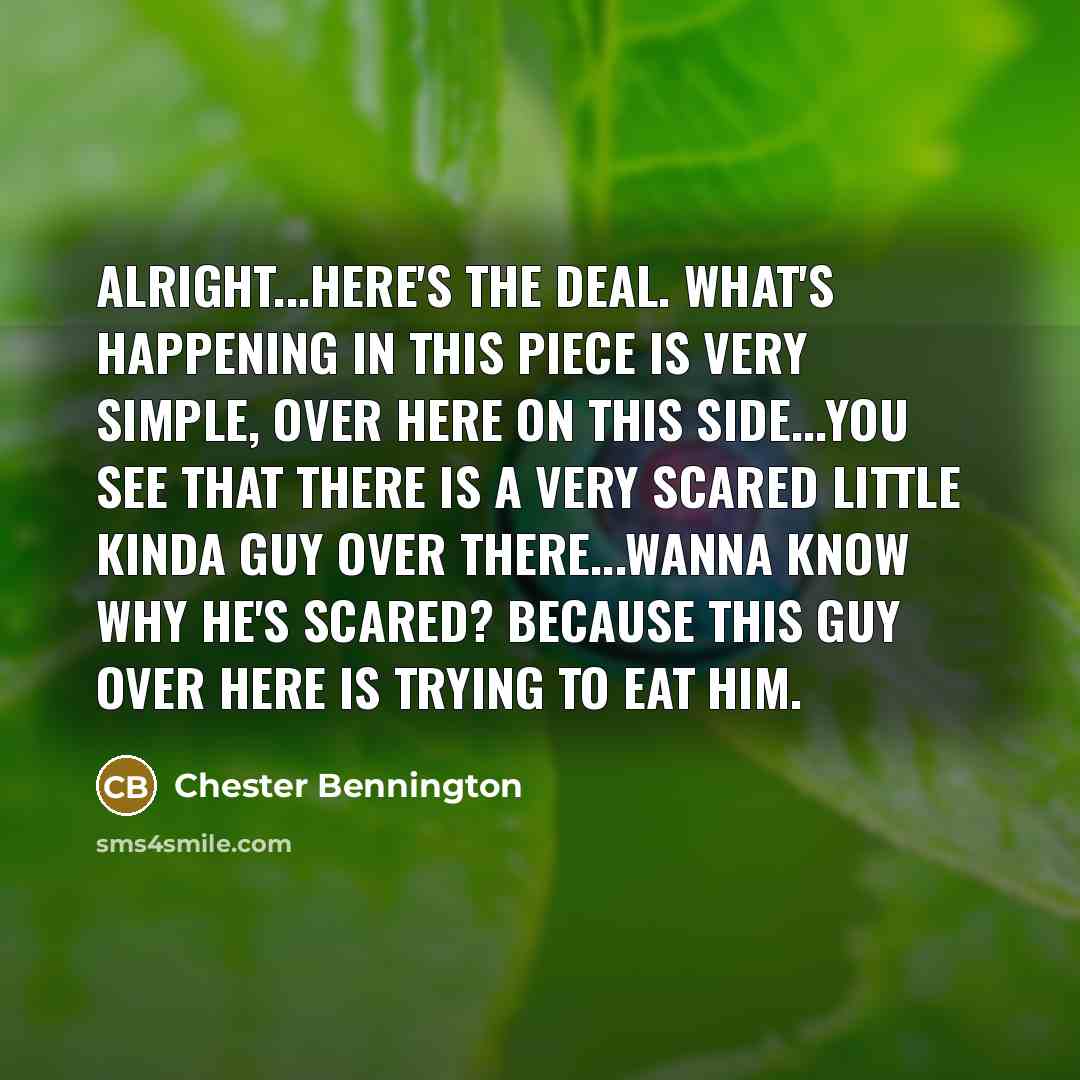“Alright...here's the deal. What's happening in this piece is very simple, over here on this side...you see that there is a very scared little kinda guy over there...wanna know why he's scared? Because this guy over here is trying to eat him.” quote by Chester Bennington