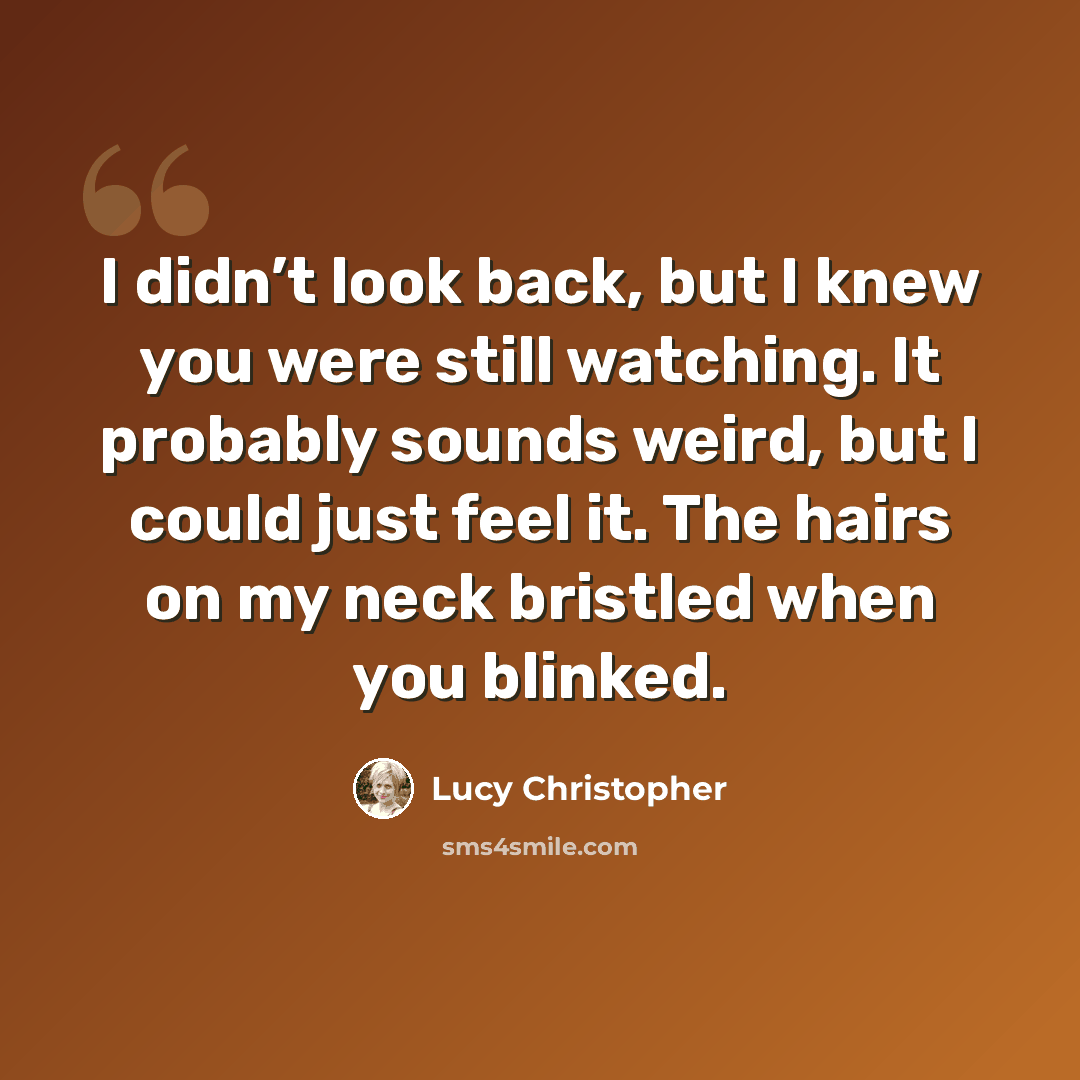 “I didn’t look back, but I knew you were still watching. It probably sounds weird, but I could just feel it. The hairs on my neck bristled when you blinked.” quote by Lucy Christopher