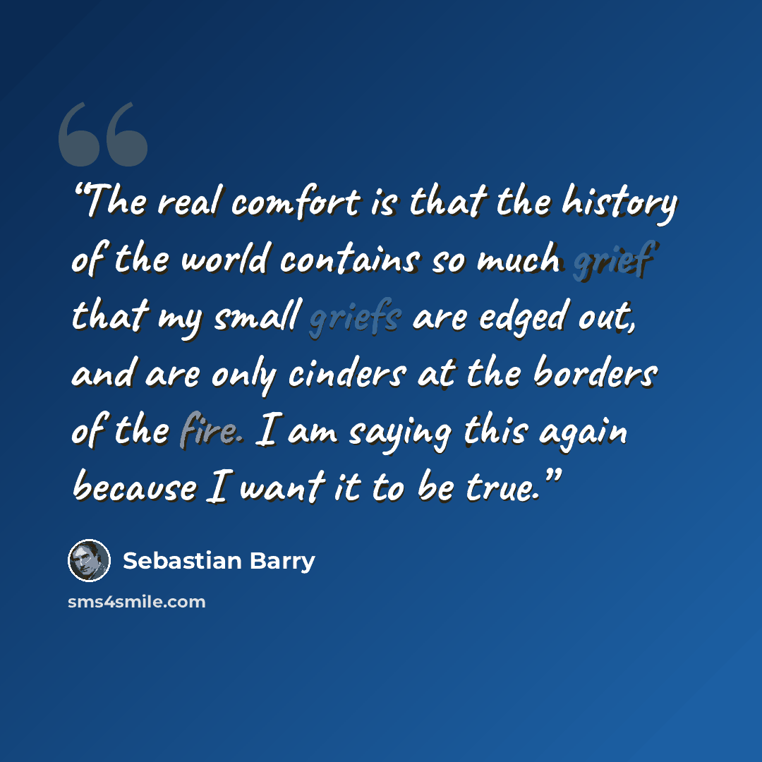 “The real comfort is that the history of the world contains so much grief that my small griefs are edged out, and are only cinders at the borders of the fire. I am saying this again because I want it to be true.” quote by Sebastian Barry