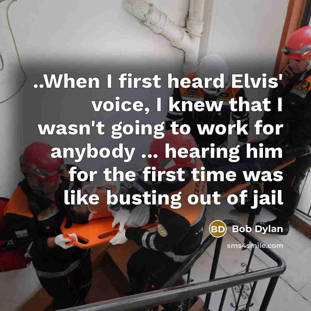 “..When I first heard Elvis' voice, I knew that I wasn't going to work for anybody ... hearing him for the first time was like busting out of jail” quote by Bob Dylan