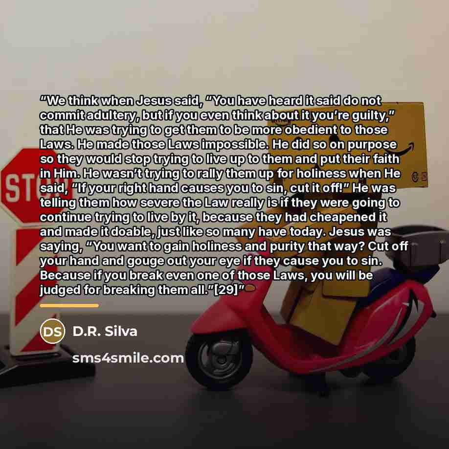 “We think when Jesus said, “You have heard it said do not commit adultery, but if you even think about it you’re guilty,” that He was trying to get them to be more obedient to those Laws. He made those Laws impossible. He did so on purpose so they would stop trying to live up to them and put their…” quote by D.R. Silva
