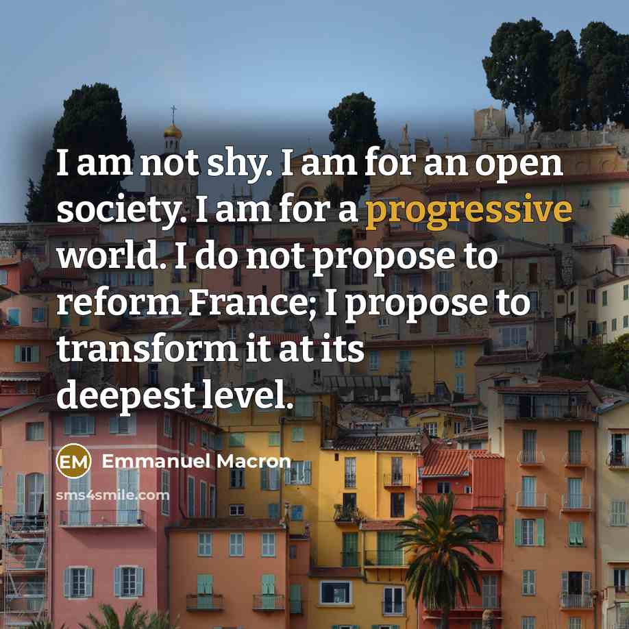 “I am not shy. I am for an open society. I am for a progressive world. I do not propose to reform France; I propose to transform it at its deepest level.” quote by Emmanuel Macron