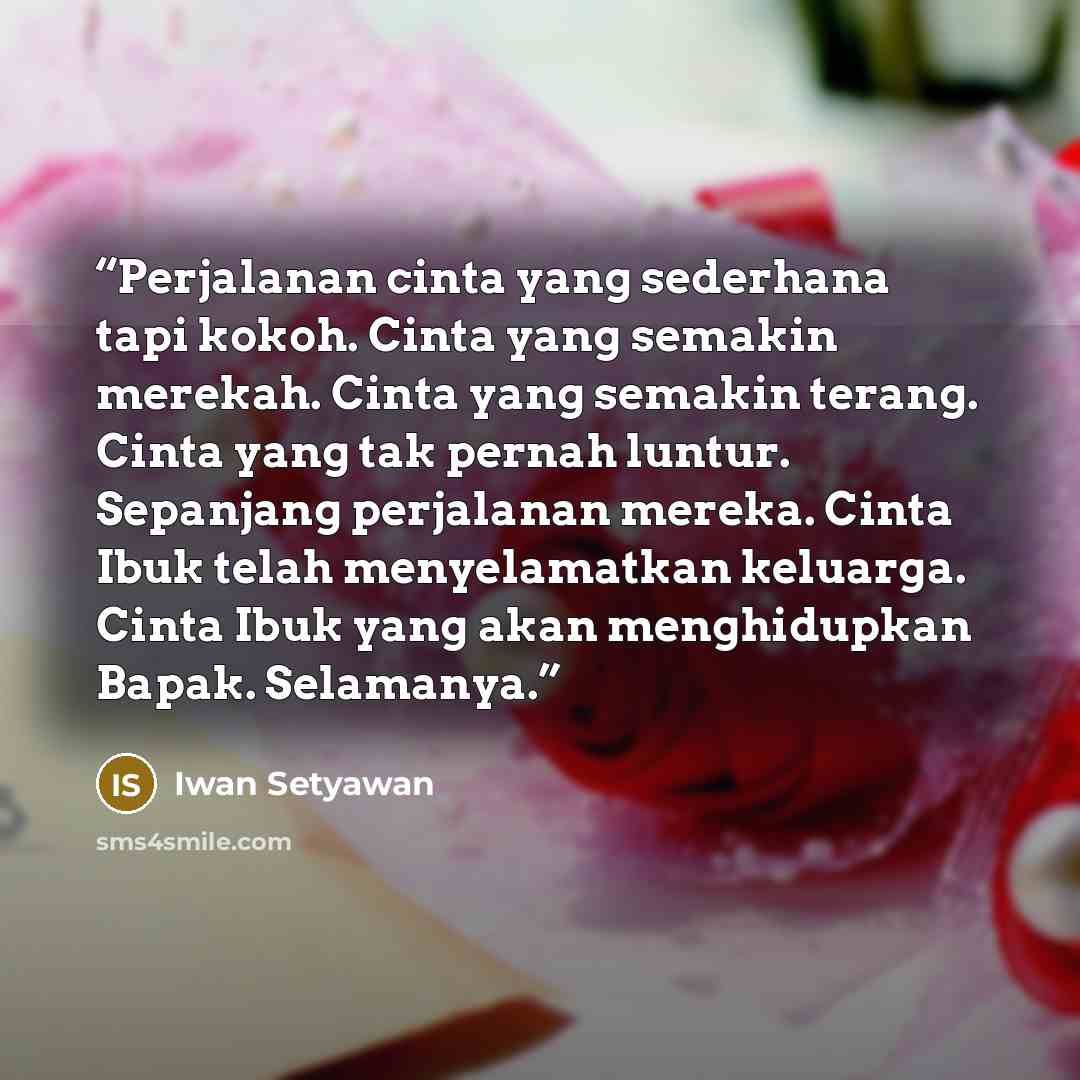 “Perjalanan cinta yang sederhana tapi kokoh. Cinta yang semakin merekah. Cinta yang semakin terang. Cinta yang tak pernah luntur. Sepanjang perjalanan mereka. Cinta Ibuk telah menyelamatkan keluarga. Cinta Ibuk yang akan menghidupkan Bapak. Selamanya.” quote by Iwan Setyawan