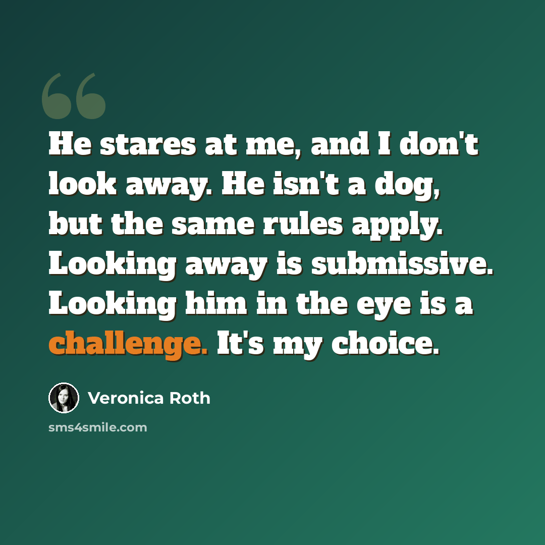 “He stares at me, and I don't look away. He isn't a dog, but the same rules apply. Looking away is submissive. Looking him in the eye is a challenge. It's my choice.” quote by Veronica Roth