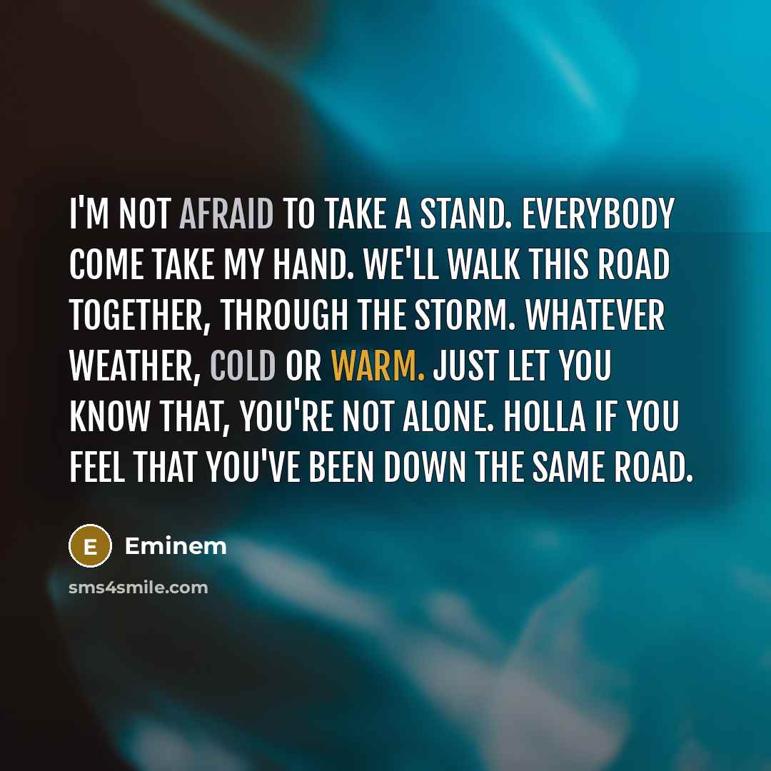 “I'm not afraid to take a stand. Everybody come take my hand. We'll walk this road together, through the storm. Whatever weather, cold or warm. Just let you know that, you're not alone. Holla if you feel that you've been down the same road.” quote by Eminem