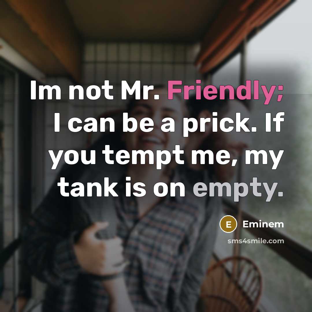 “Im not Mr. Friendly; I can be a prick. If you tempt me, my tank is on empty.” quote by Eminem