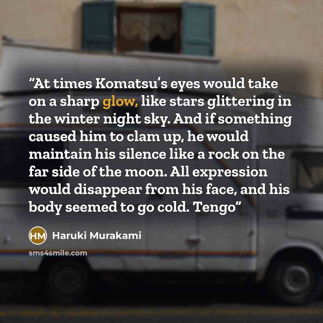 “At times Komatsu’s eyes would take on a sharp glow, like stars glittering in the winter night sky. And if something caused him to clam up, he would maintain his silence like a rock on the far side of the moon. All expression would disappear from his face, and his body seemed to go cold. Tengo” quote by Haruki Murakami