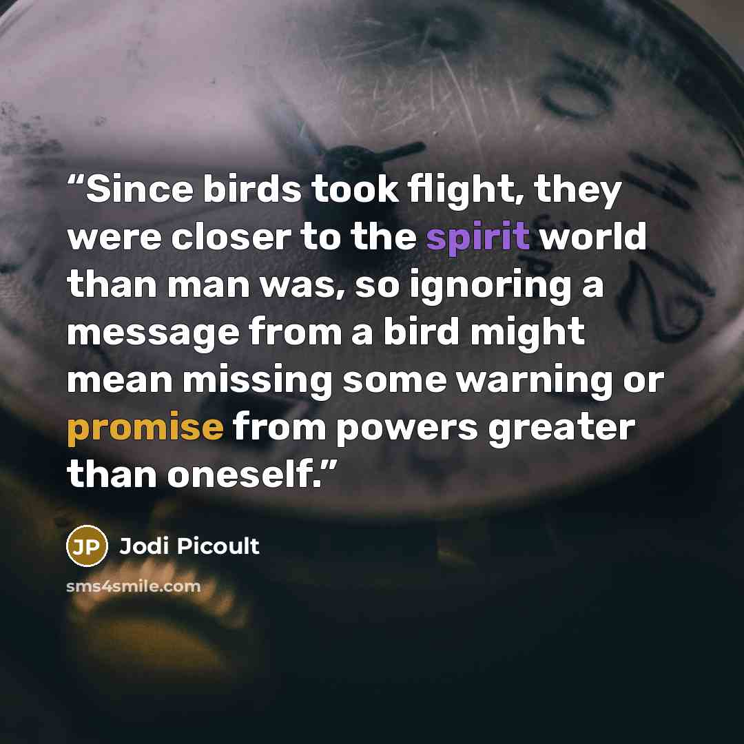 “Since birds took flight, they were closer to the spirit world than man was, so ignoring a message from a bird might mean missing some warning or promise from powers greater than oneself.” quote by Jodi Picoult