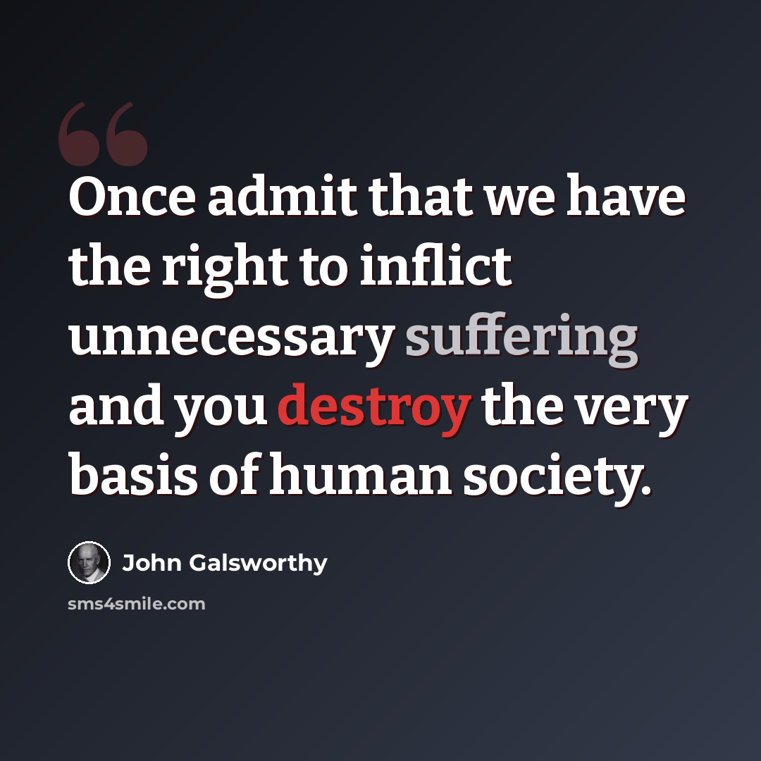 “Once admit that we have the right to inflict unnecessary suffering and you destroy the very basis of human society.” quote by John Galsworthy