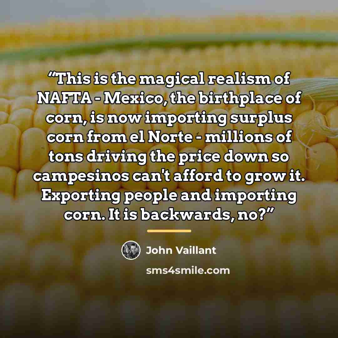 “This is the magical realism of NAFTA - Mexico, the birthplace of corn, is now importing surplus corn from el Norte - millions of tons driving the price down so campesinos can't afford to grow it. Exporting people and importing corn. It is backwards, no?” quote by John Vaillant