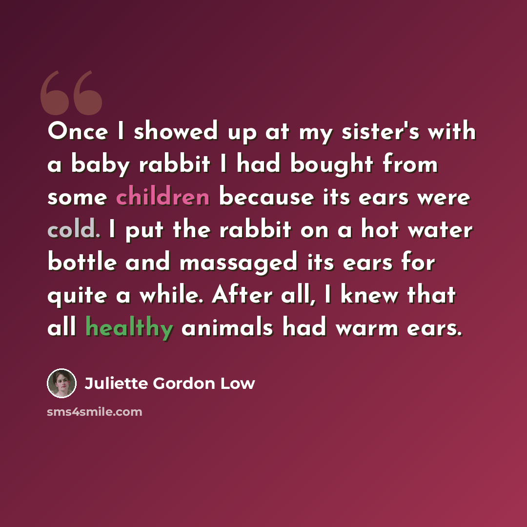 “Once I showed up at my sister's with a baby rabbit I had bought from some children because its ears were cold. I put the rabbit on a hot water bottle and massaged its ears for quite a while. After all, I knew that all healthy animals had warm ears.” quote by Juliette Gordon Low